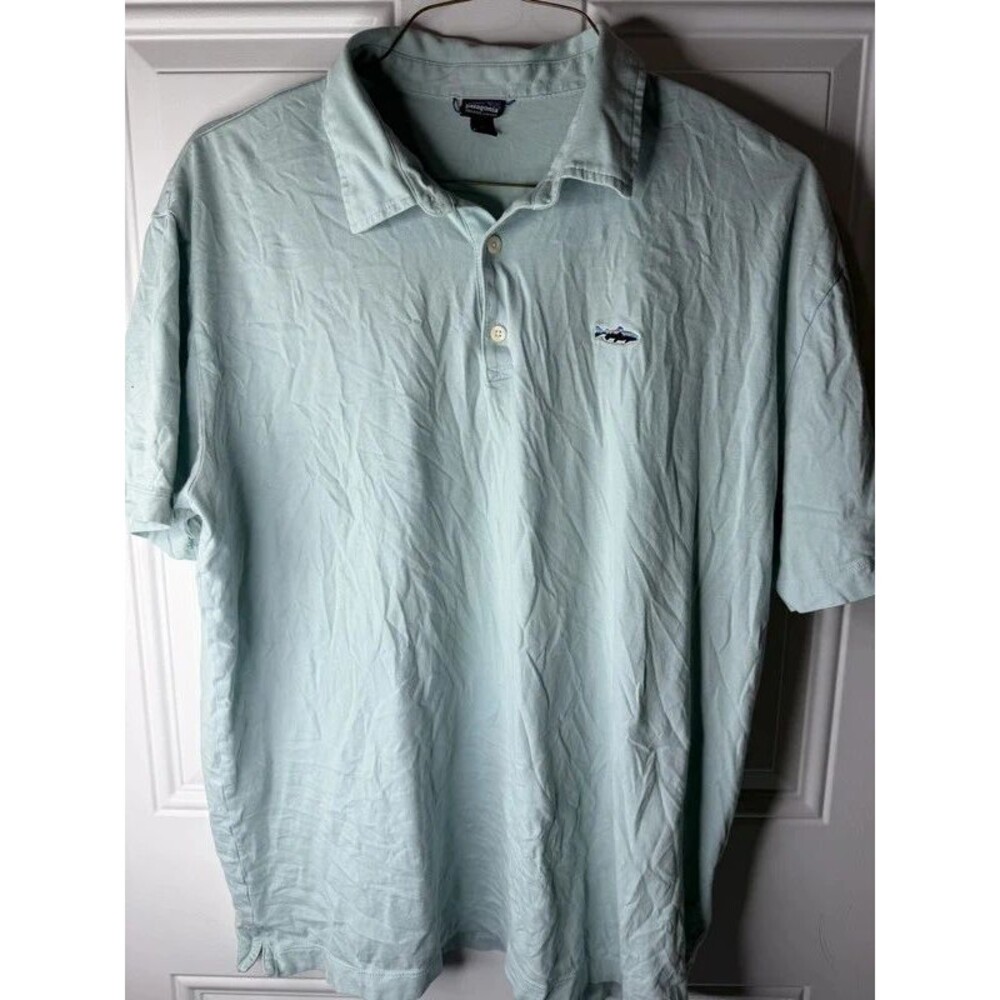 Patagonia Organic Cotton Polo Shirt Men’s XL Light Blue Fish Logo
